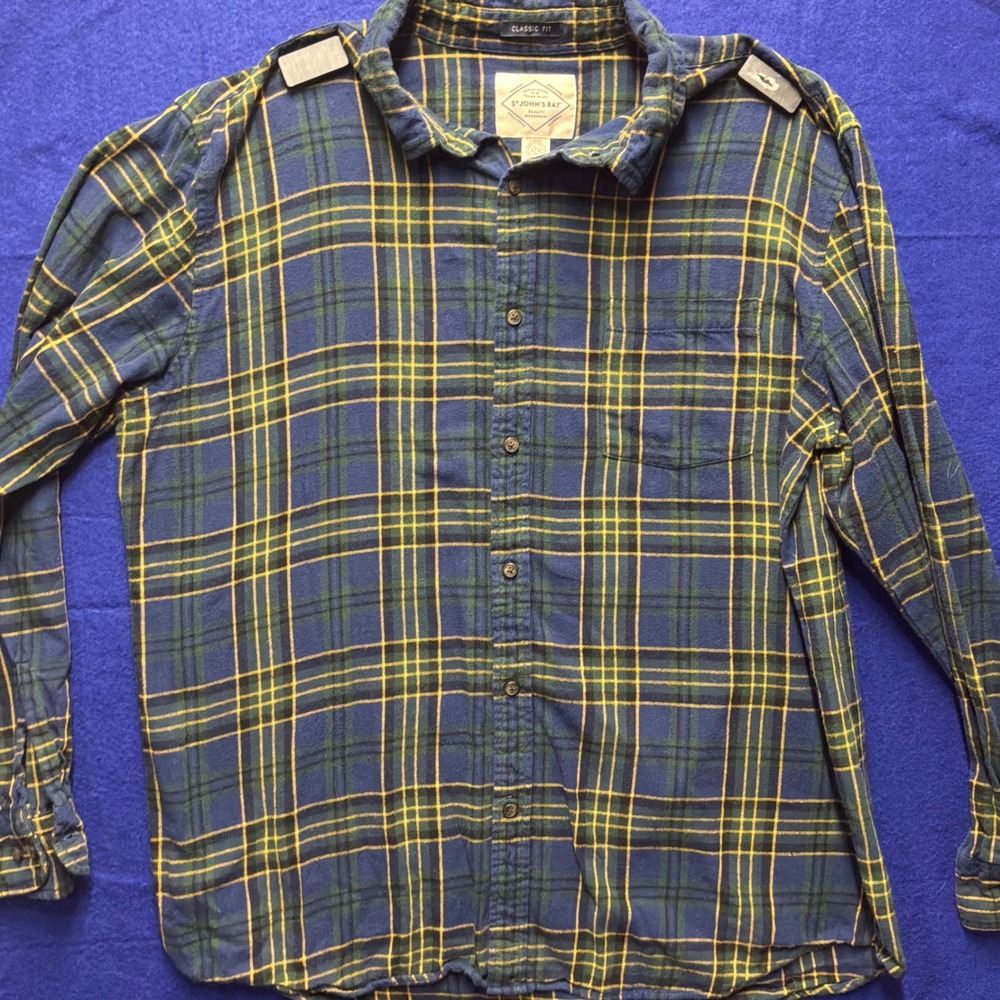 Classic Mens St John's Bay Flannel Button Down XL Blue Green Yellow Plaid